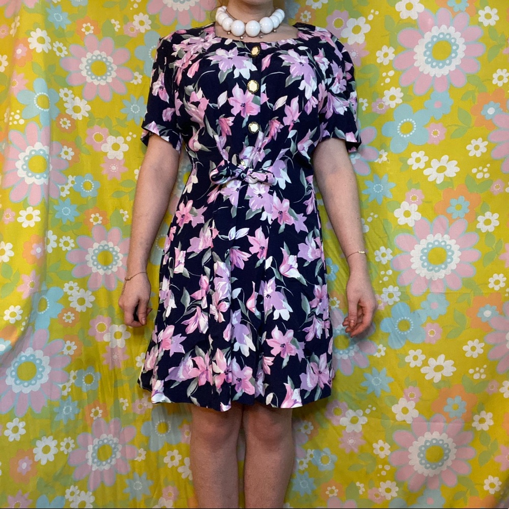 80s Vintage Floral Buttoned Romper Dress